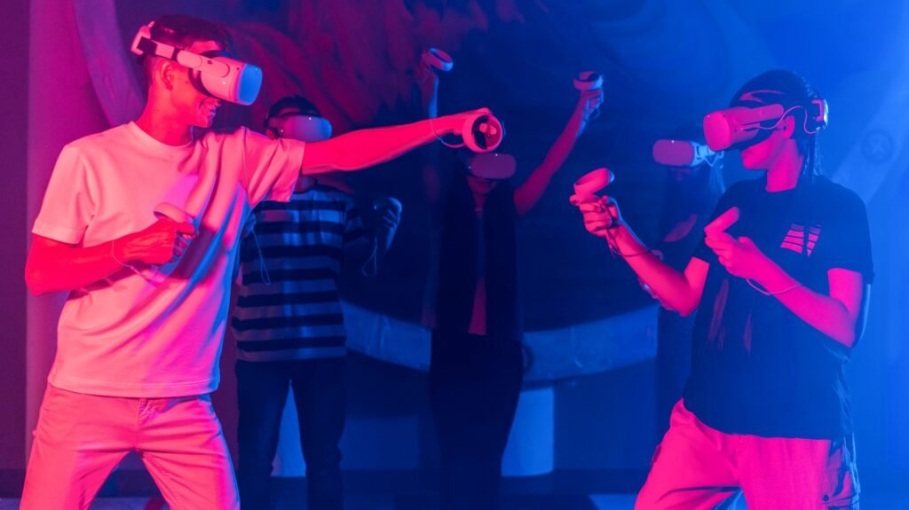 A team of young friends using virtual reality VR equipment on a arena